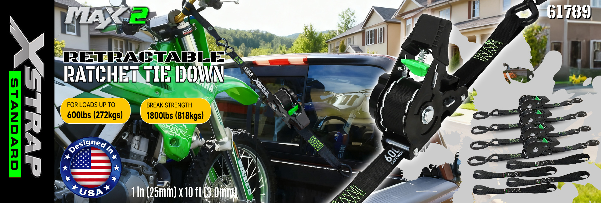 Xstrap 61789 Wysuwane paski mocujące z grzechotką 1 cal x 3 stopy Bezpieczne mocowania do motocykli Kajak wodny Siła zrywająca 1500 funtów/680 kg