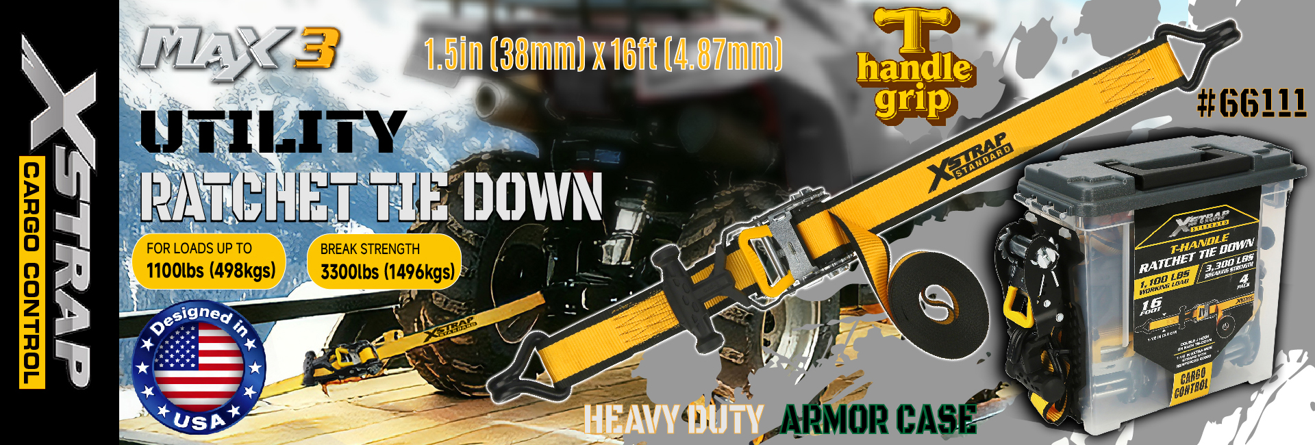 Xstrap 66111 Pasy mocujące z grzechotką o długości 1,5 cala x 16 stóp z uchwytem w kształcie litery T, udźwig 1100 funtów SWL