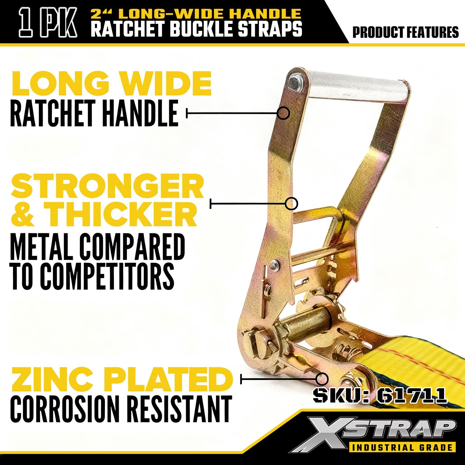 Xstrap 61711 Szeroki uchwyt o długości 30 stóp i długości 30 stóp, z klamrą zapadkową i haczykami z drutu. Wytrzymałość na zerwanie 10 000 funtów (1 opakowanie)