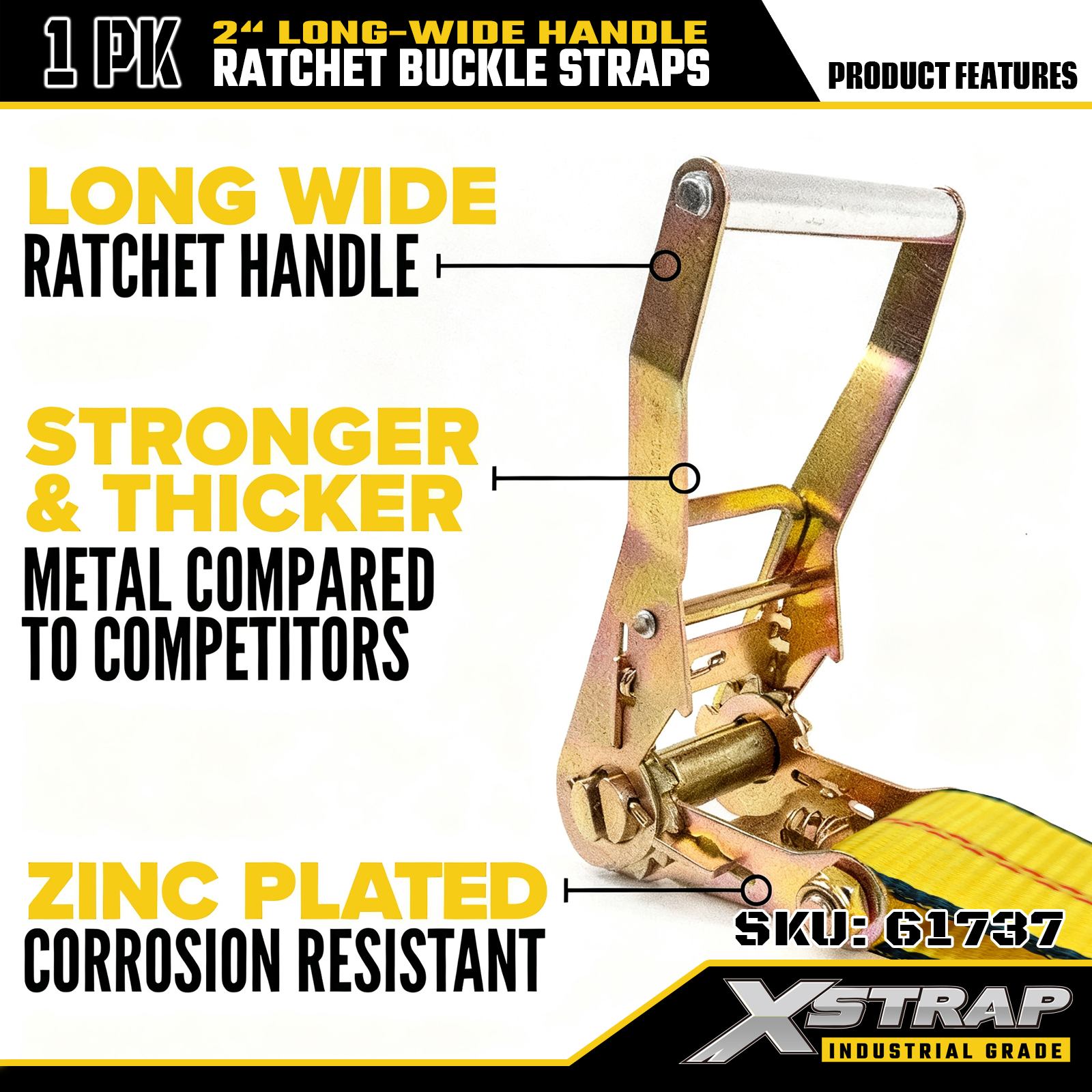 Xstrap 61737 Szerokie rączki o długości 27 stóp i długości 27 stóp, z klamrami zapadkowymi i hakami typu krab. Wytrzymałość na zerwanie 10 000 funtów (1 opakowanie)