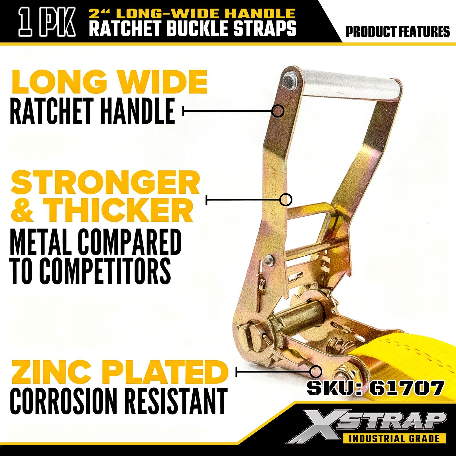 Xstrap 61707 Paski z klamrą zapadkową o długości 2 cali i długości 27 stóp z płaskimi haczykami Wytrzymałość na zerwanie 10 000 funtów (1 opakowanie)