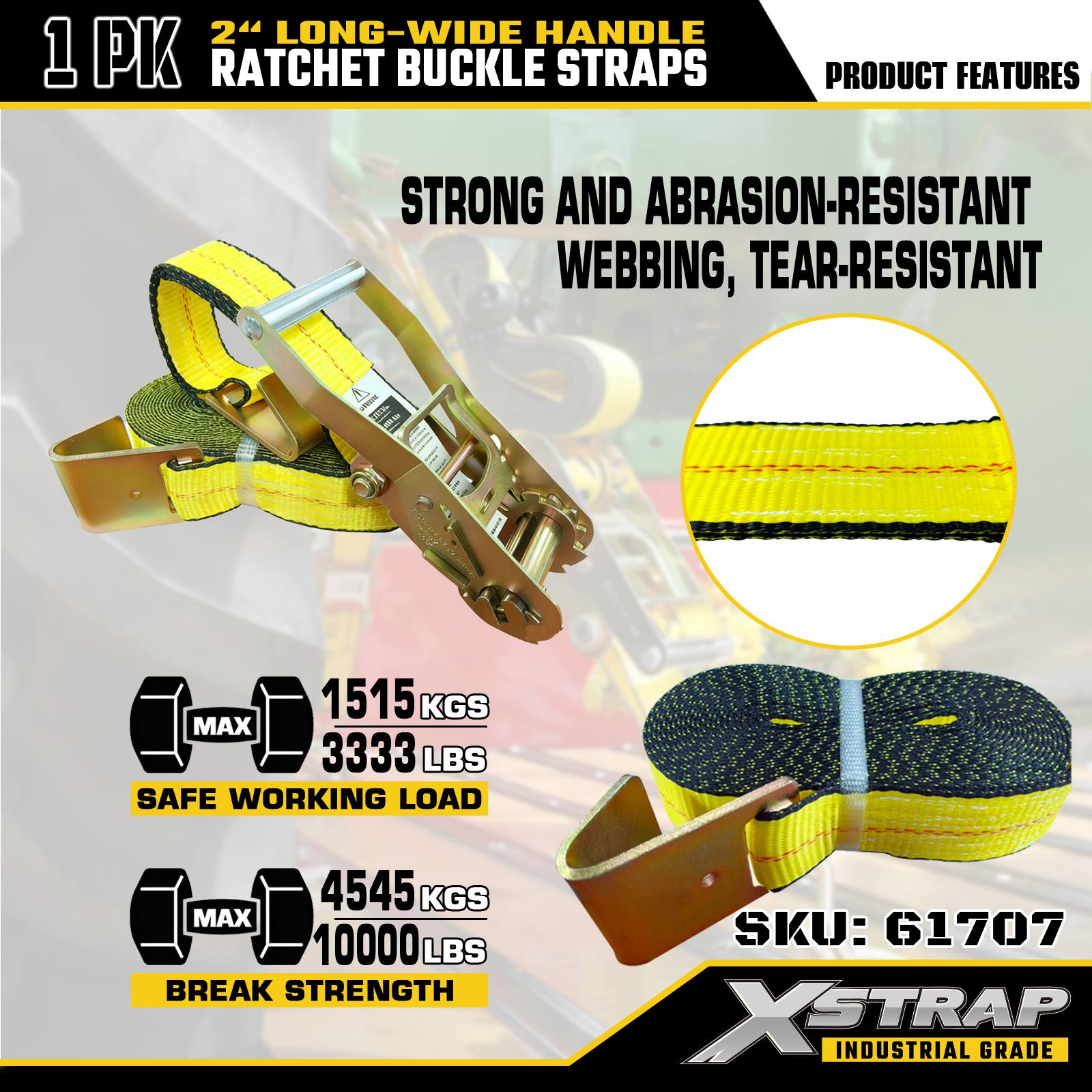 Xstrap 61707 Paski z klamrą zapadkową o długości 2 cali i długości 27 stóp z płaskimi haczykami Wytrzymałość na zerwanie 10 000 funtów (1 opakowanie)