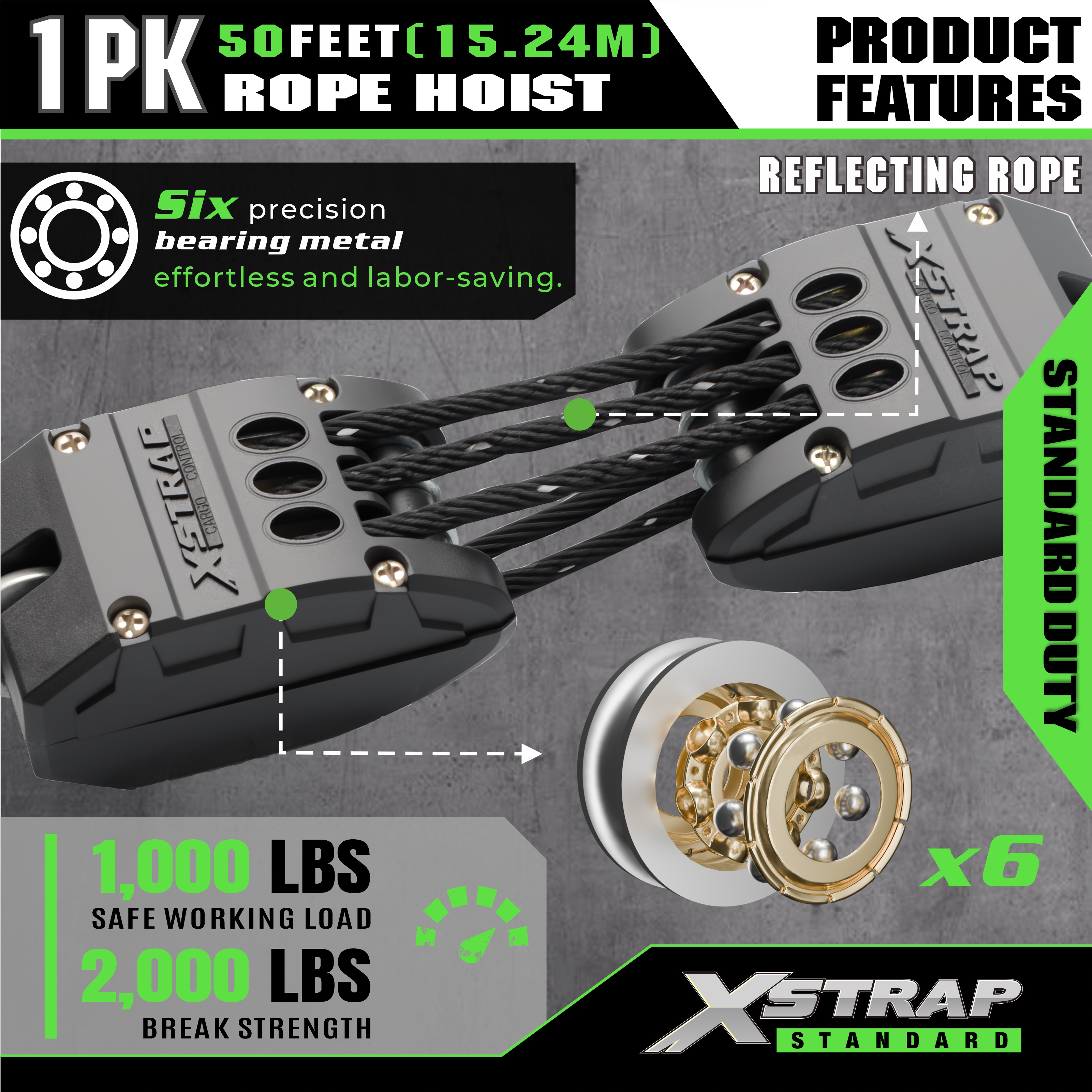 XSTRAP AHLT0003-odblaskowy czarny krążek wciągnika linowego 1000LB