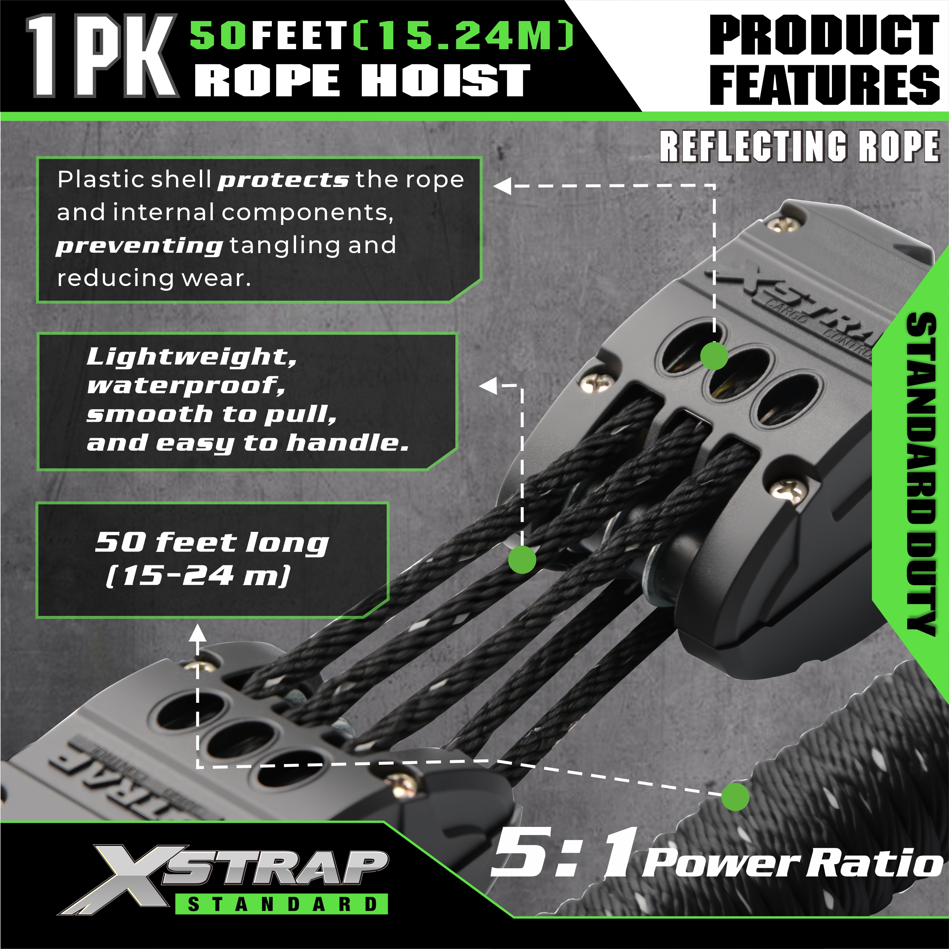 XSTRAP AHLT0003-odblaskowy czarny krążek wciągnika linowego 1000LB