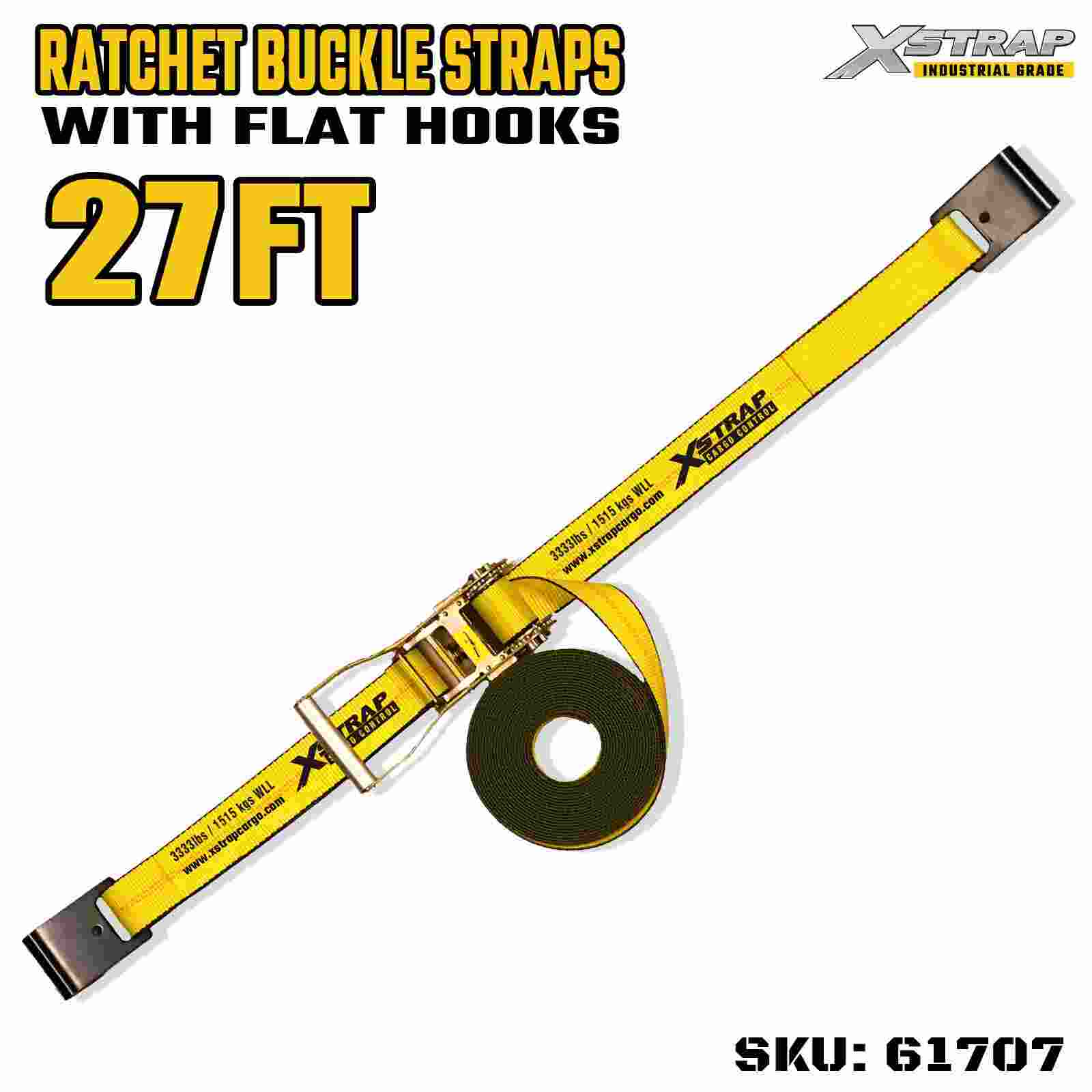 Xstrap 61707 Paski z klamrą zapadkową o długości 2 cali i długości 27 stóp z płaskimi haczykami Wytrzymałość na zerwanie 10 000 funtów (1 opakowanie)