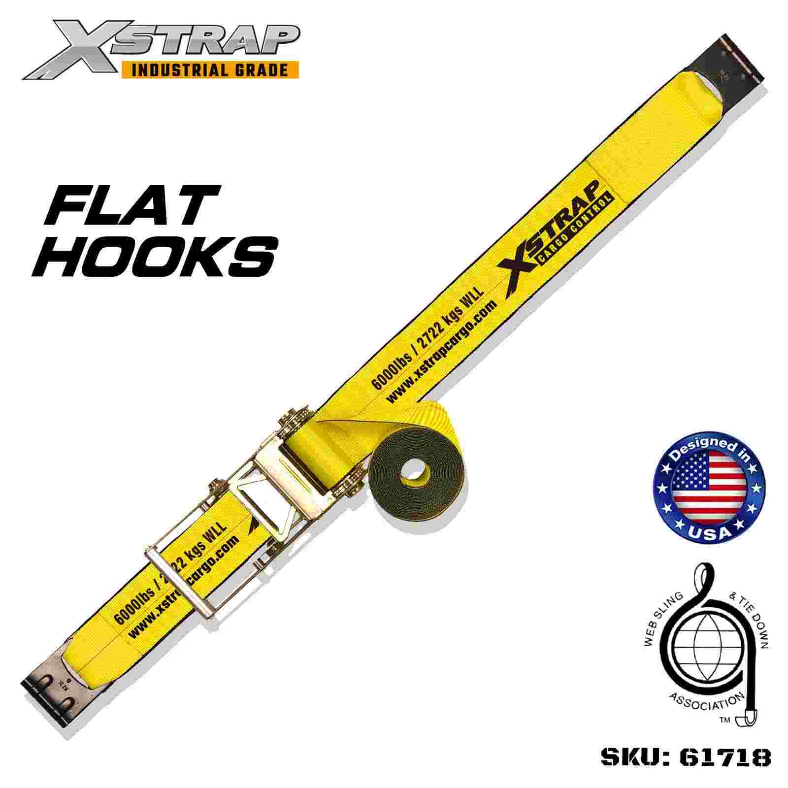 Xstrap 61718 Pasek z klamrą zapadkową o wymiarach 4 cale × 27 stóp z płaskimi haczykami Wytrzymałość na zerwanie 18 000 funtów (1 opakowanie)
