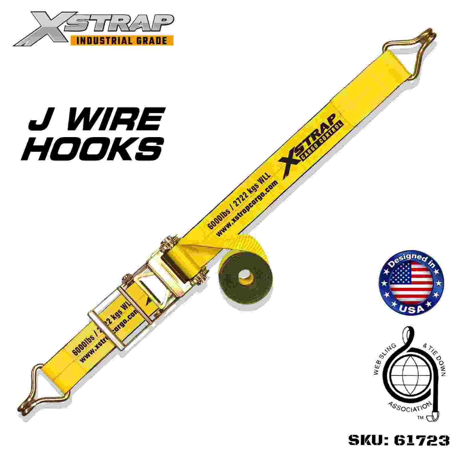 Xstrap 61723 Pasek z klamrą zapadkową o wymiarach 4 cale × 30 stóp z haczykami z drutu Wytrzymałość na zerwanie 18 000 funtów (1 opakowanie)