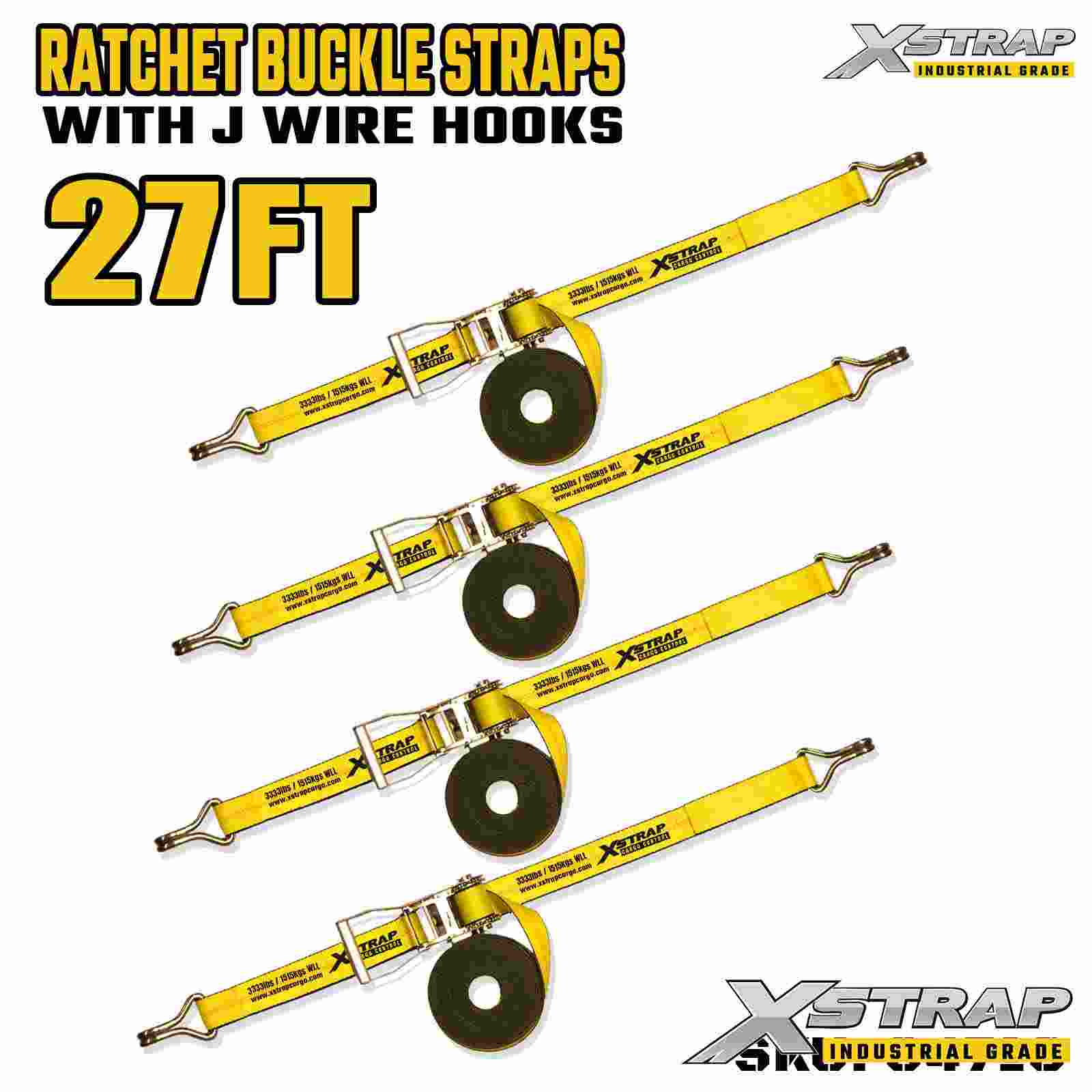 Xstrap 64710 Szeroki uchwyt o długości 27 stóp i długości 27 stóp z zapadką i haczykami Wytrzymałość na zerwanie 10 000 funtów (4 szt.)