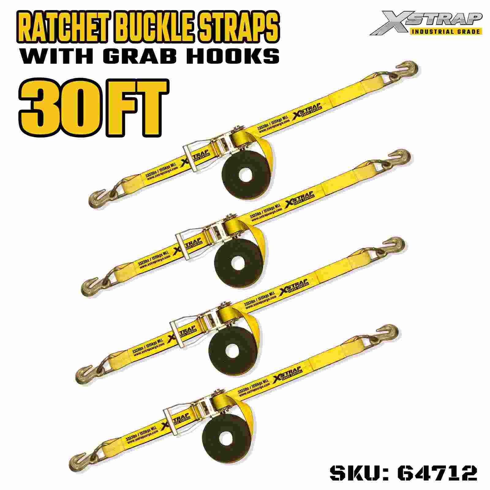 Xstrap 64712 Szeroki uchwyt o długości 27 stóp i długości 27 stóp, zapinany na klamrę z haczykami typu krab. Wytrzymałość na zerwanie 10 000 funtów (4 szt.)