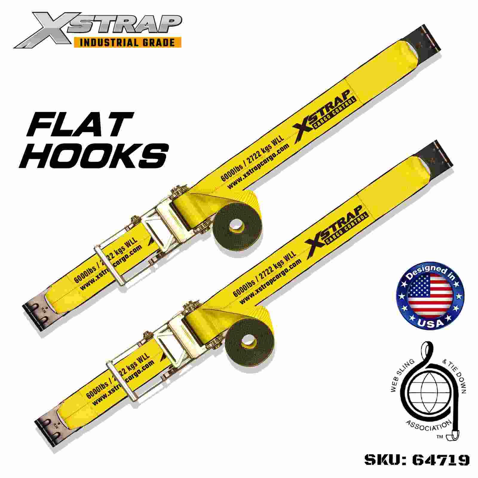Xstrap 64719 Paski z klamrą zapadkową o wymiarach 4 cale × 30 stóp z płaskimi haczykami Wytrzymałość na zerwanie 18 000 funtów (2 szt.)