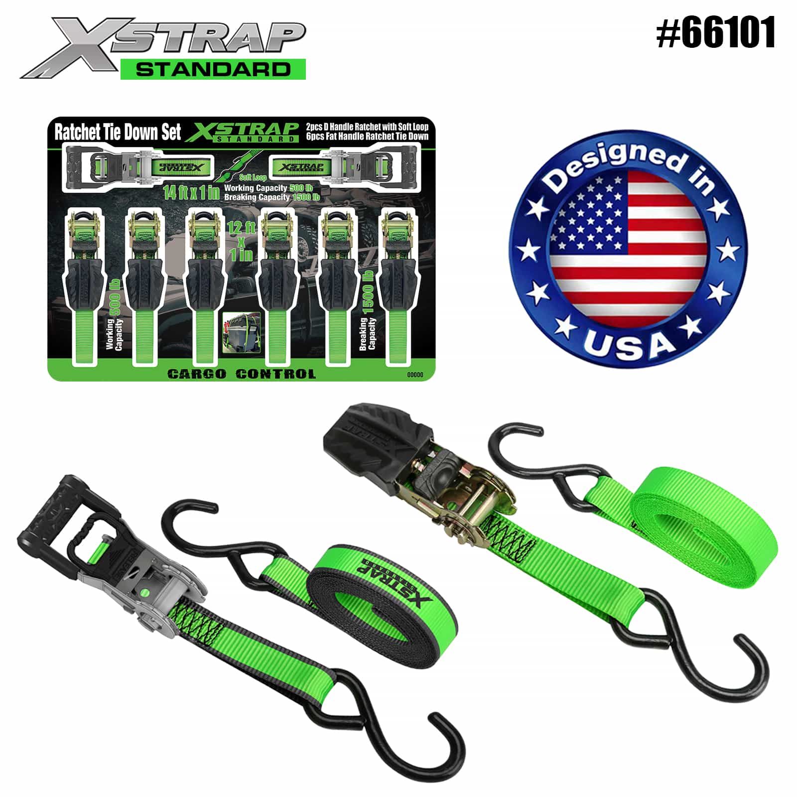 Xstrap 66101 1” x 14’ 2PK D Uchwyt zapadkowy z miękką pętlą 500 lb SWL i 1” x 12’ 6PK Płaski uchwyt Ratchet Tie Down 500 lb SWL