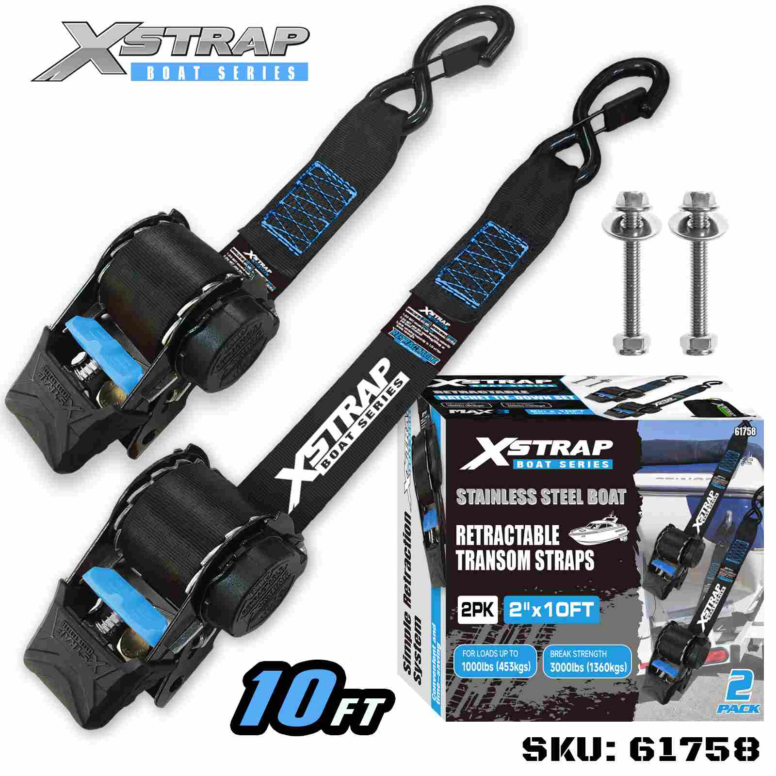 Xstrap 61758 2” x 3,6” 2PK Pas pawężowy zwijany do łodzi z hakami zabezpieczającymi S, 1000 funtów SWL