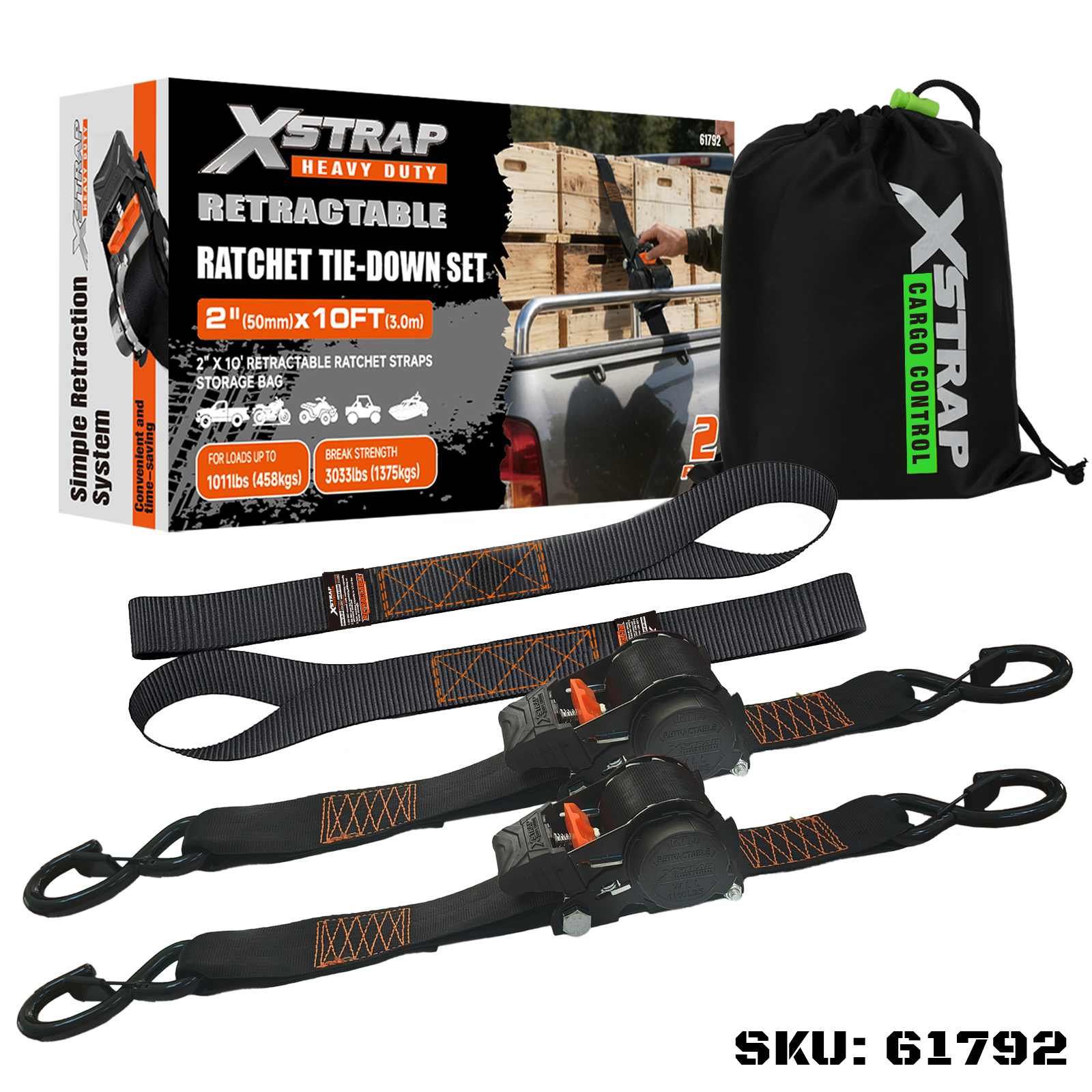 Xstrap 61792 2 sztuki Zestaw do mocowania zapadkowego 2” x 10 stóp z hakami zabezpieczającymi S 1011 funtów SWL